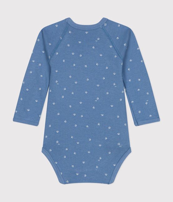 Babies' Long-Sleeved Cotton Wrapover Bodysuit. BEACH blue/MARSHMALLOW