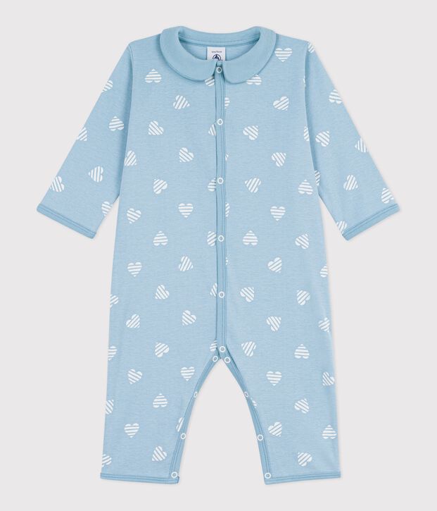 Babies' heart print footless cotton pyjama suit with a collar green/white