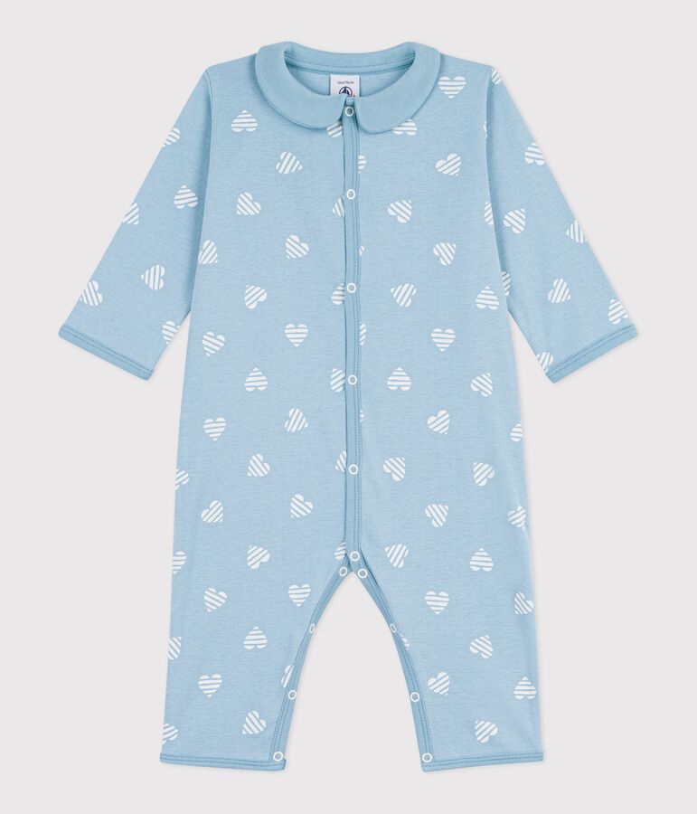 Babies' heart print footless cotton pyjama suit with a collar green/white