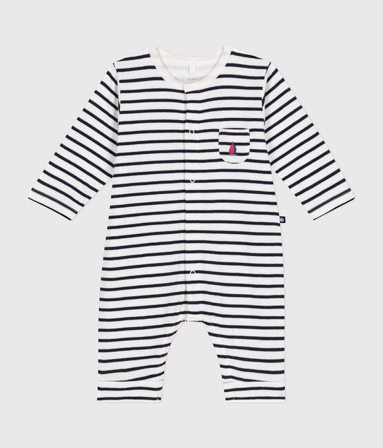 Babies' full-length jumpsuit in tube knit MARSHMALLOW white/SMOKING blue