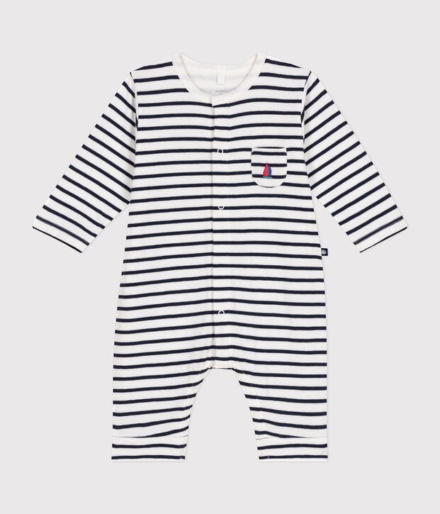 Babies' full-length jumpsuit in tube knit white/blue