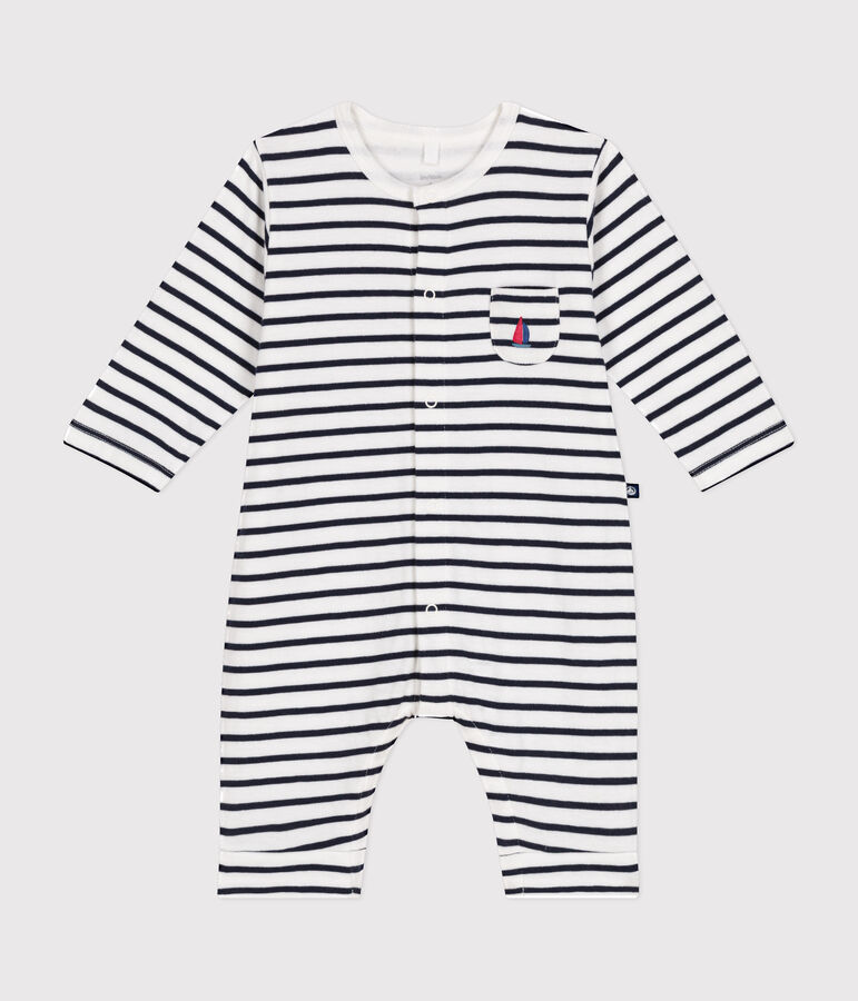 Babies' full-length jumpsuit in tube knit white/blue