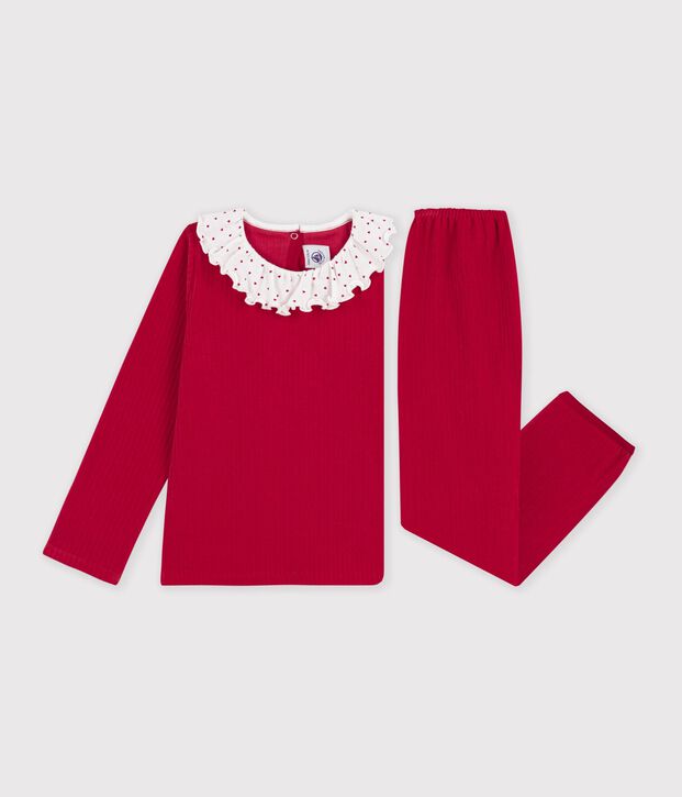 Children's plain ribbed velour pyjamas with a ruff red