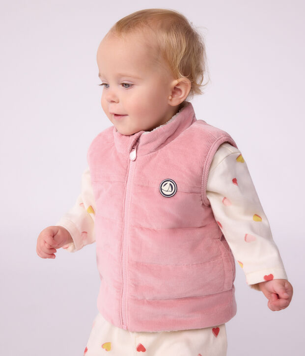 Babies' sleeveless reversible sherpa velour puffer jacket pink/ecru