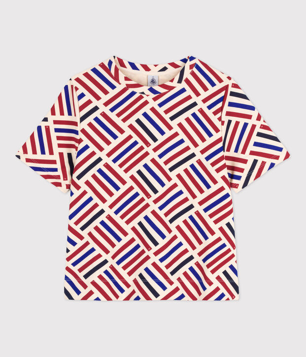 Women's Boxy Cotton T-Shirt Ecru/red/multicolor