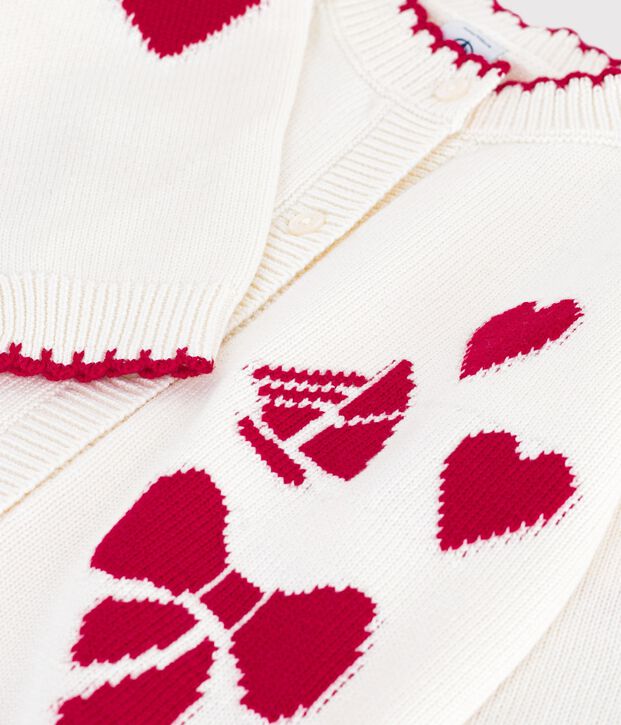 Children's wool and cotton cardigan with little motifs white/red