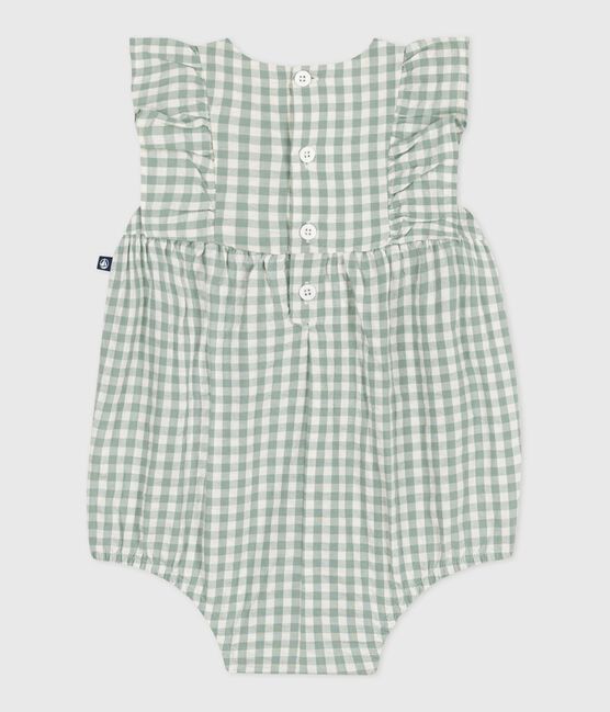 Babies' sleeveless cotton rompers with a gingham print and an embroidered collar PAUL blue/MARSHMALLOW white