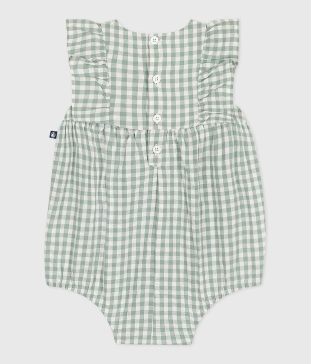 Babies' sleeveless cotton rompers with a gingham print and an embroidered collar green/white