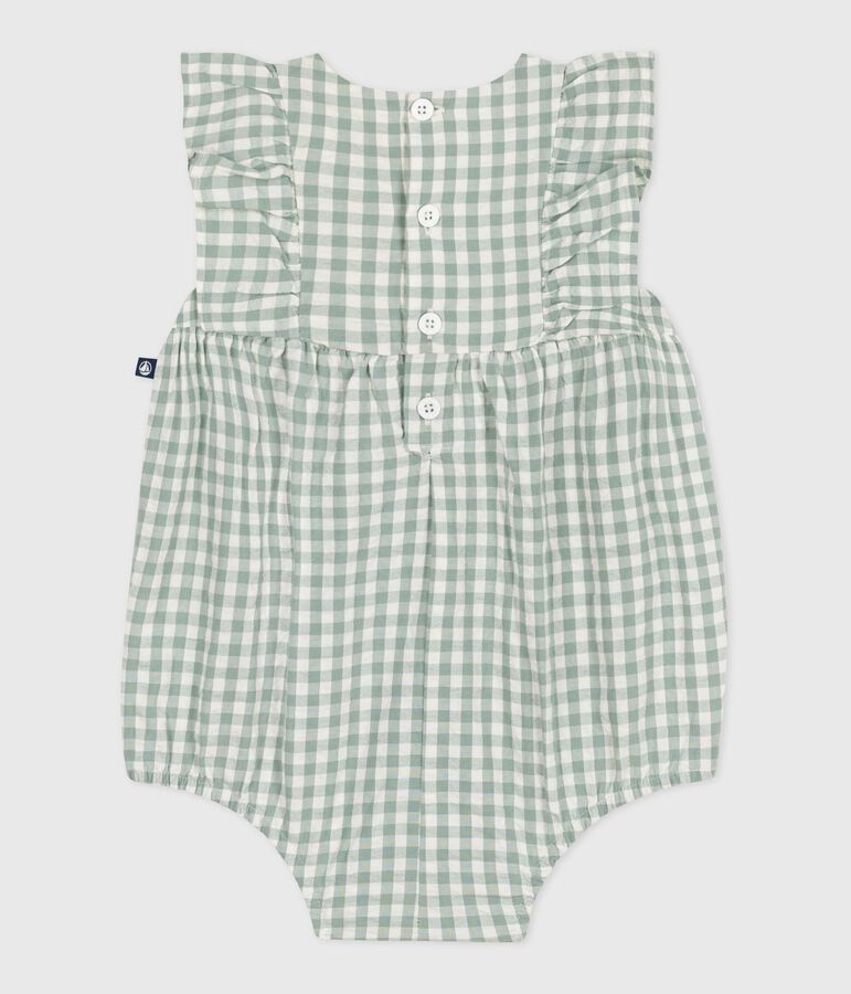 Babies' sleeveless cotton rompers with a gingham print and an embroidered collar green/white