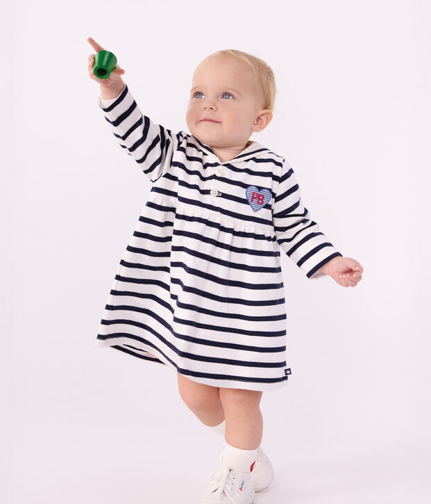 Babies' cotton dress with long sleeves and Breton stripes white/blue
