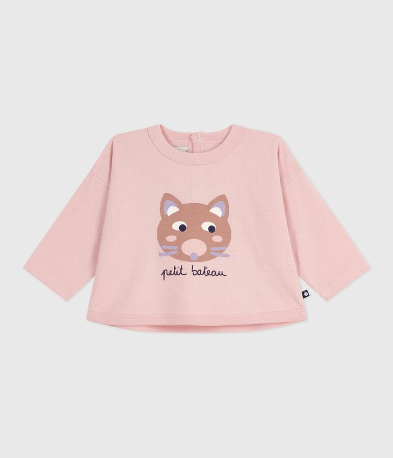 Babies' long-sleeved T-shirt with a cat design pink