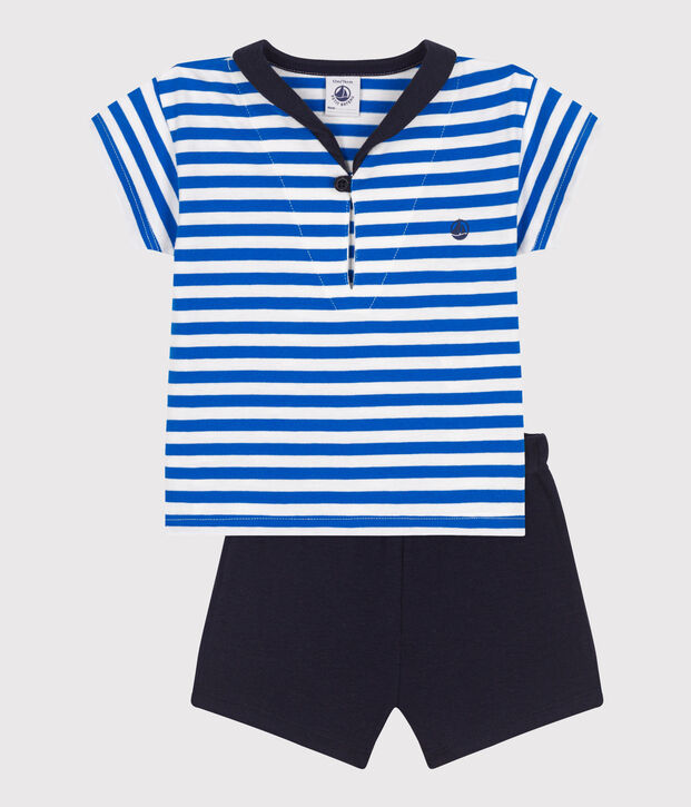 Babies' two-piece cotton set including a T-shirt with a sailor collar blue/blue