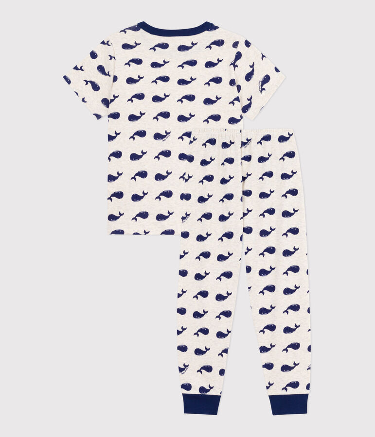 Children's printed cotton pyjamas with short sleeves and long legs beige/blue
