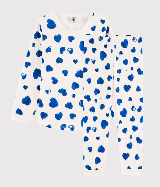 Girls' Blue Hearts Fleece Pyjamas MARSHMALLOW white/BLEU blue