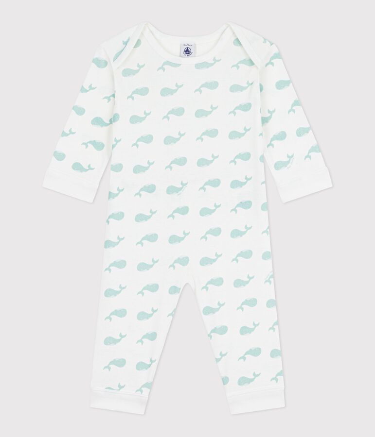Babies' footless whale print cotton pyjamas MARSHMALLOW /SPRAY