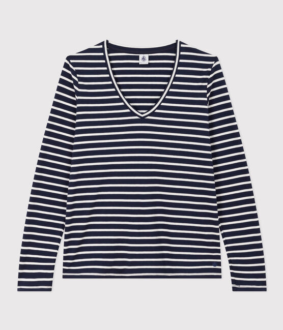 Women's Straight V-Neck Cotton T-Shirt SMOKING blue/MARSHMALLOW white