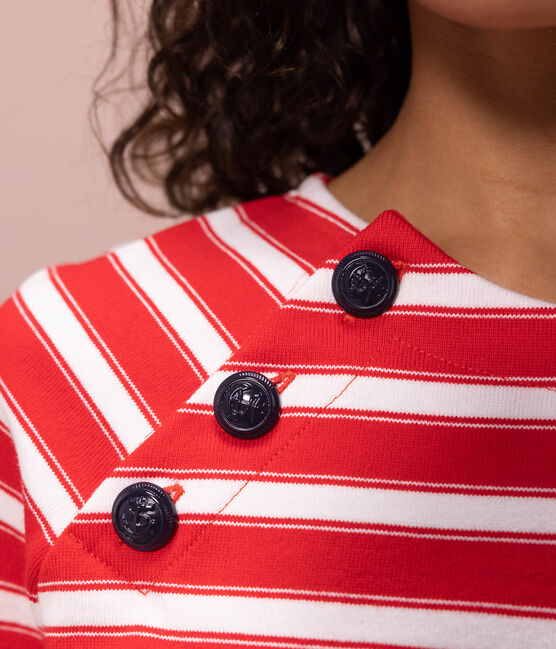 Women's Buttoned Cotton Breton Top PEPS red/MARSHMALLOW white
