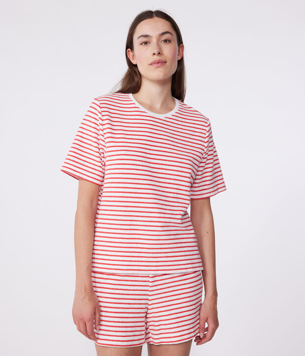Women's stripy cotton short pyjamas red/red