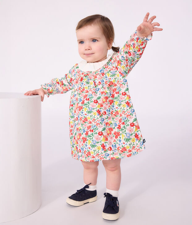 Babies' long sleeved floral-print cotton dress white/multicolor