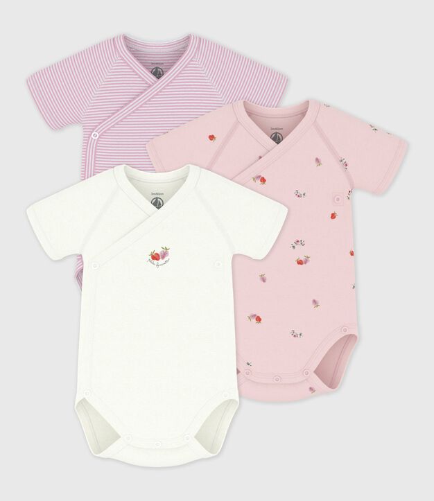 Pack of babies' short-sleeved printed cotton wrapover bodies multicolor