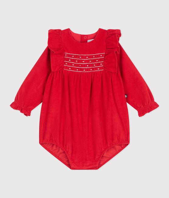 Babies' short corduroy playsuit with smocking and ruffles TERKUIT red