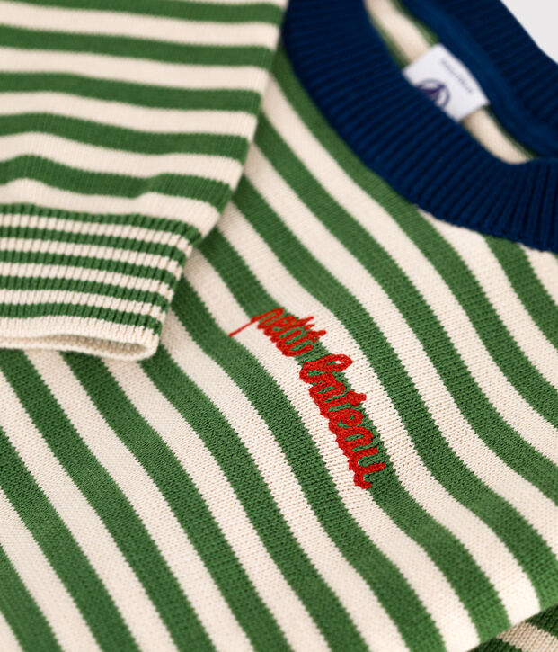 Children's stripy cotton jumper green/ecru