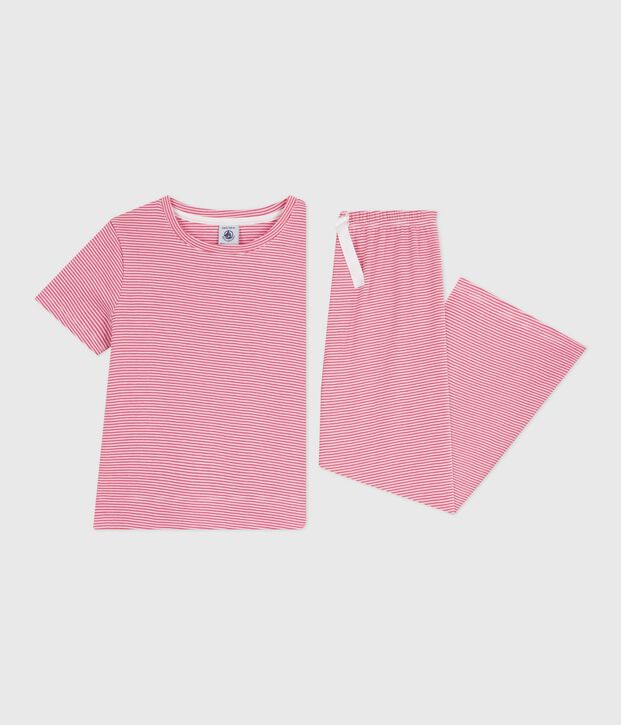 Children's stripy cotton pyjamas with short sleeves and wide legs pink/white