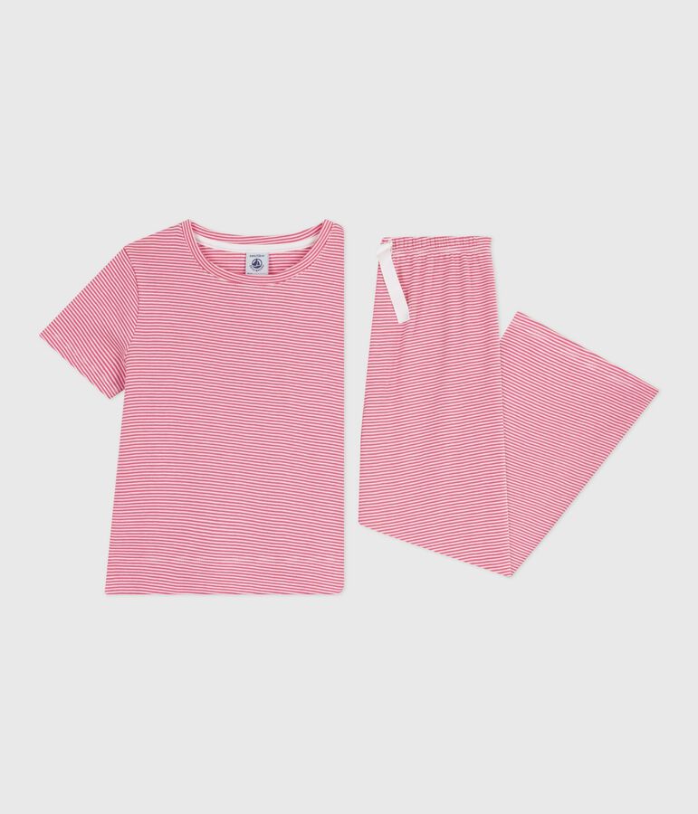 Children's stripy cotton pyjamas with short sleeves and wide legs pink/white