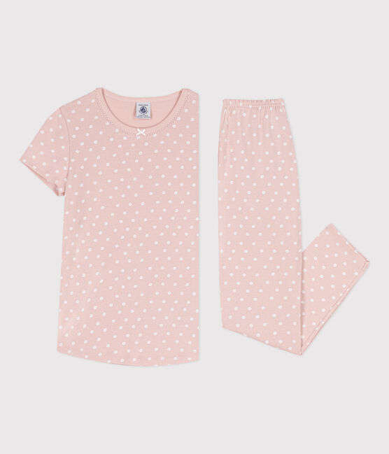 Girls' Short-Sleeved Spotted Cotton Pyjamas SALINE /MARSHMALLOW