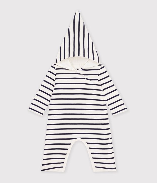 Baby's striped hooded all-in-one white/blue