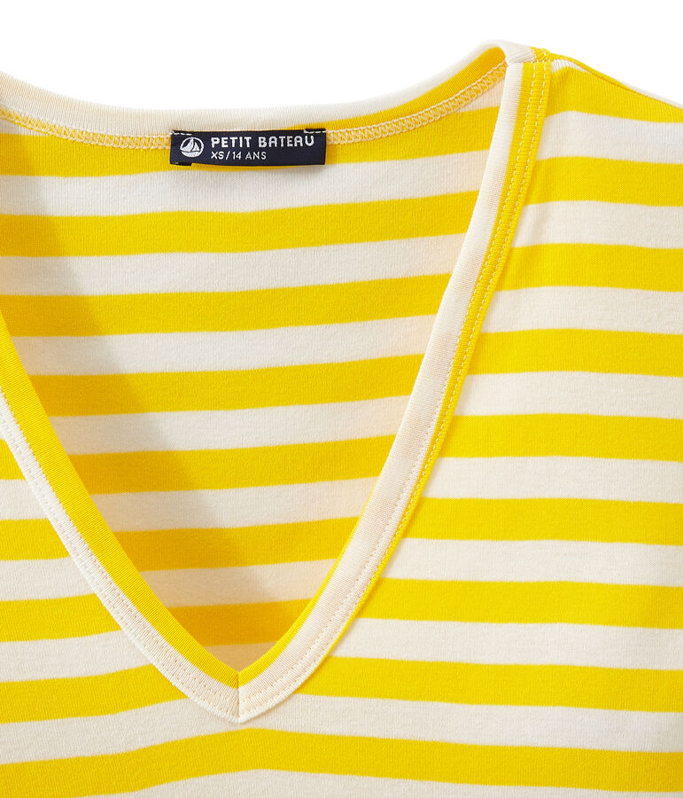 Women's striped original rib V-neck T-shirt SHINE yellow/MARSHMALLOW white