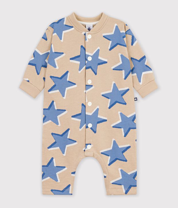Babies' long jumpsuit in cotton with a star print beige/multicolor