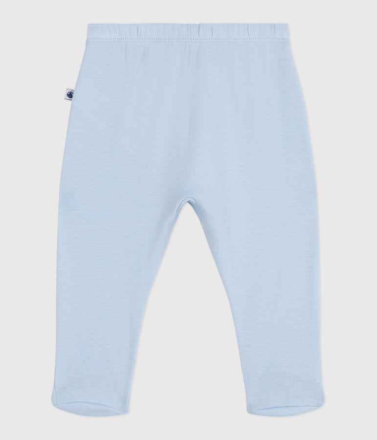 Newborn babies' plain cotton trousers with feet blue