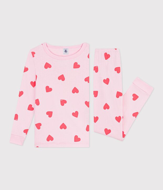 Children's snug-fitting cotton heart print pyjamas pink/orange