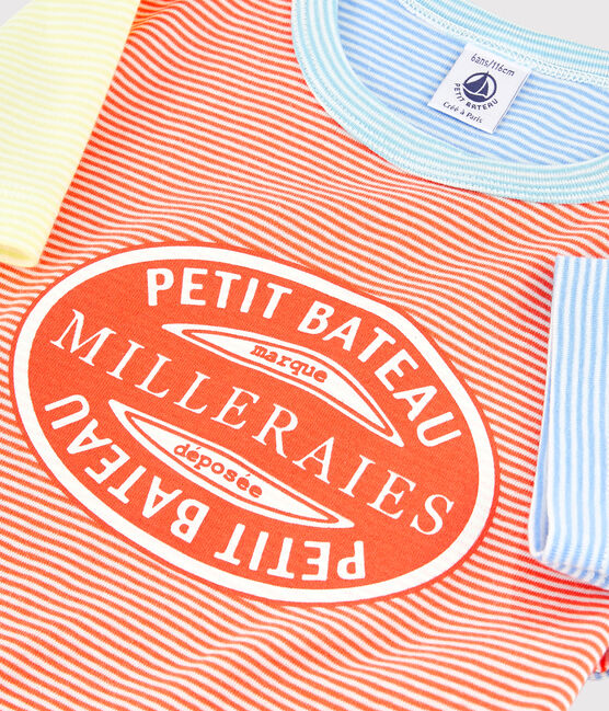 Boys' Colourful Pinstriped Cotton Short Pyjamas BRAZILIAN orange/MULTICO ecru