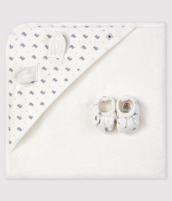 Babies' Square Bath Towel and Bootees Set in Terry and Rib Knit MARSHMALLOW white/GRIS grey/MULTICO