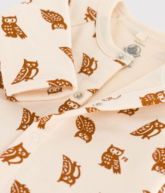 Babies' Owl Themed Cotton Jumpsuit AVALANCHE white/ECUREUIL