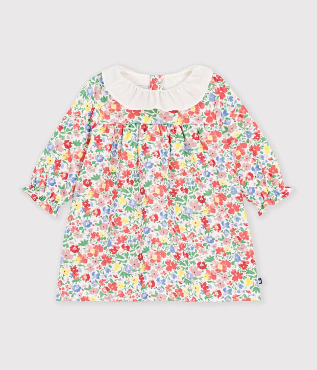 Babies' long sleeved floral-print cotton dress white/multicolor