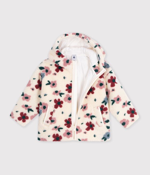 Children's hooded jacket in floral sherpa Ecru/multicolor