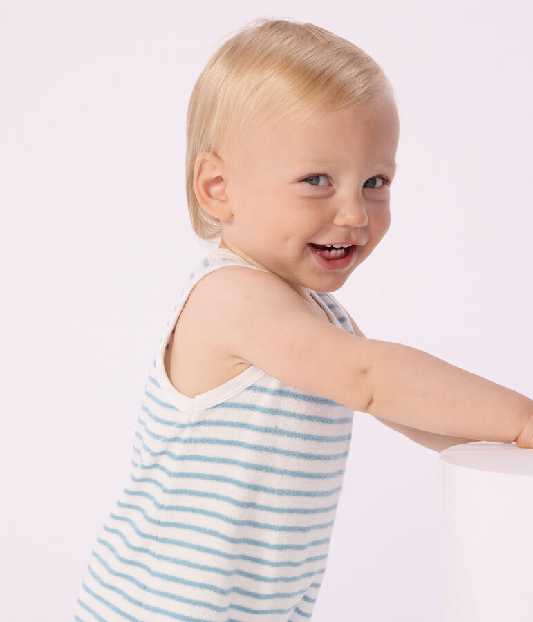 Babies' sleeveless short jumpsuit in stripy cotton terry towelling MARSHMALLOW /MIMI