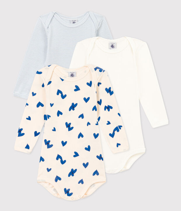 Babies' Blue Heart Patterned Long-Sleeved Cotton Bodysuits - 3-Pack multicolor