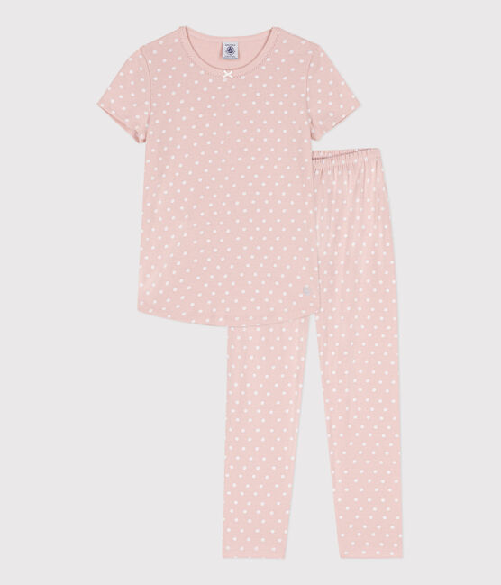 Girls' Short-Sleeved Spotted Cotton Pyjamas SALINE /MARSHMALLOW