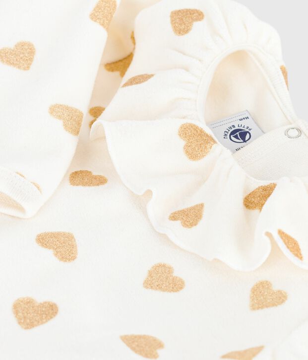 Baby pajamas in velvet with opening at the back and printed with sequined hearts Ecru/yellow