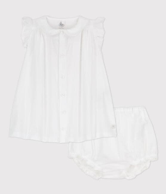 Baby Girls' Short-Sleeved Organic Cotton Poplin Dress with Bloomers ECUME white