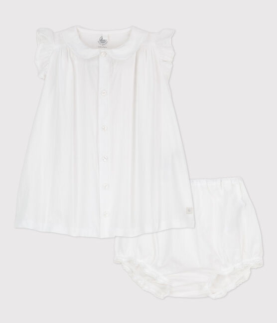 Baby Girls' Short-Sleeved Organic Cotton Poplin Dress with Bloomers ECUME white