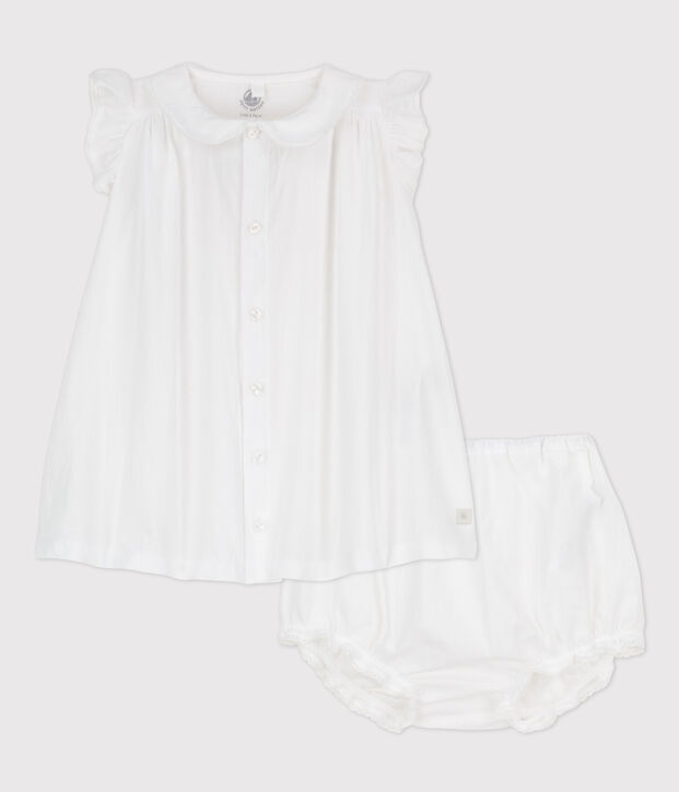 Baby Girls' Short-Sleeved Organic Cotton Poplin Dress with Bloomers white