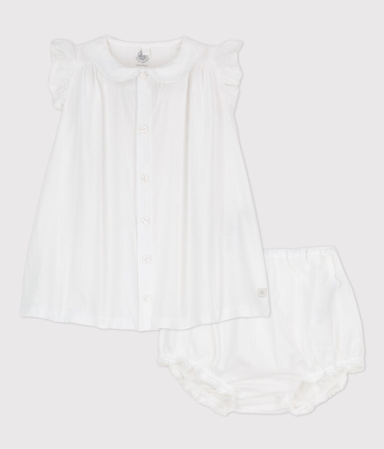 Baby Girls' Short-Sleeved Organic Cotton Poplin Dress with Bloomers white