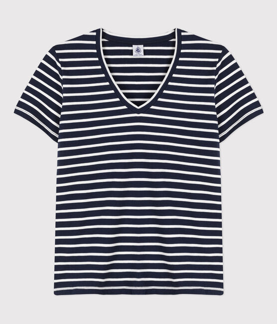Women's Classic V-Neck Cotton T-Shirt SMOKING blue/MARSHMALLOW white