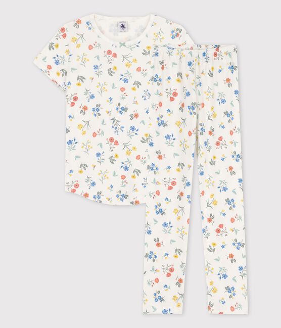 Girls' Short-Sleeved Floral Cotton Pyjamas MARSHMALLOW white/MULTICO white