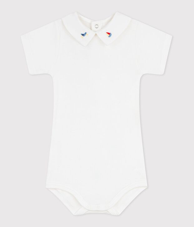 Babies' plain cotton body with an embroidered collar white